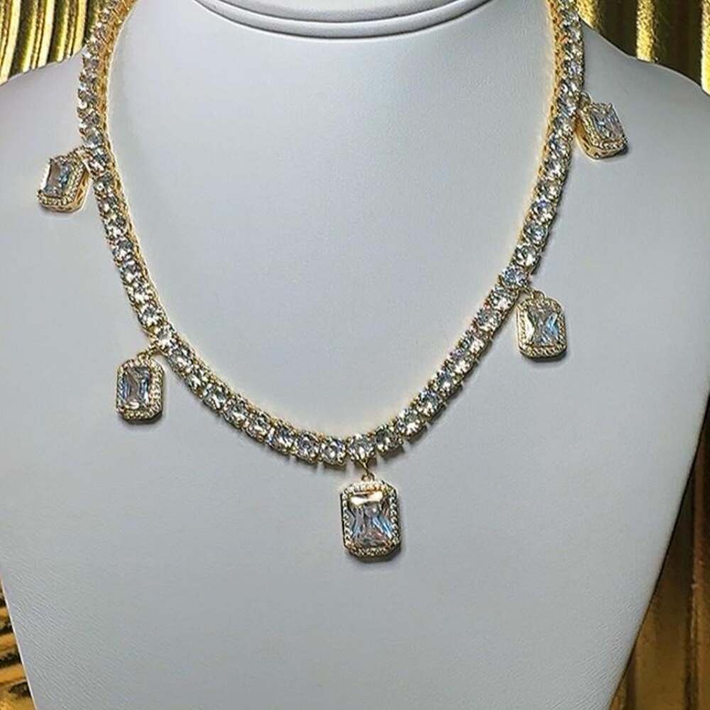 Gold Tennis Square Charm Necklace – 16 Inch